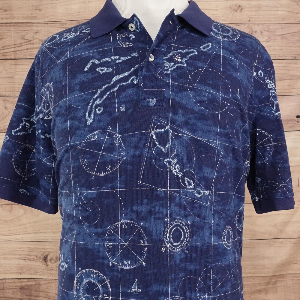 Lands' End Polo Shirt Mens LT Blue Cotton Spandex Nautical Map Sailing Print
